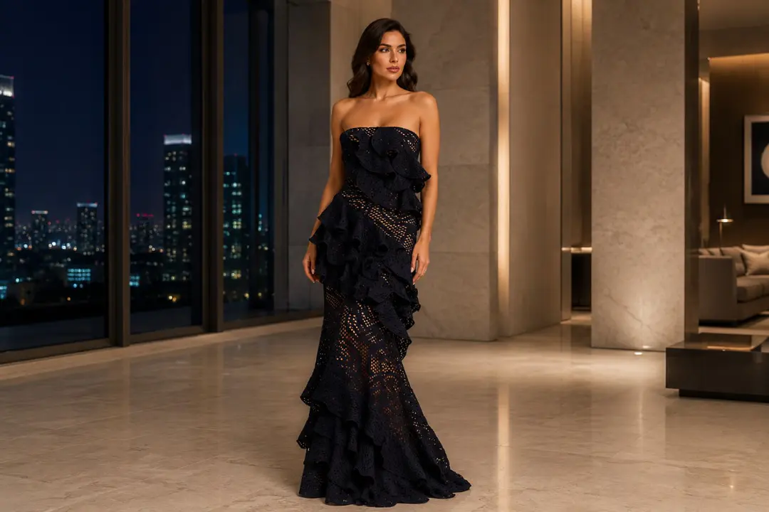 Structured strapless mermaid evening gown with layered ruffles