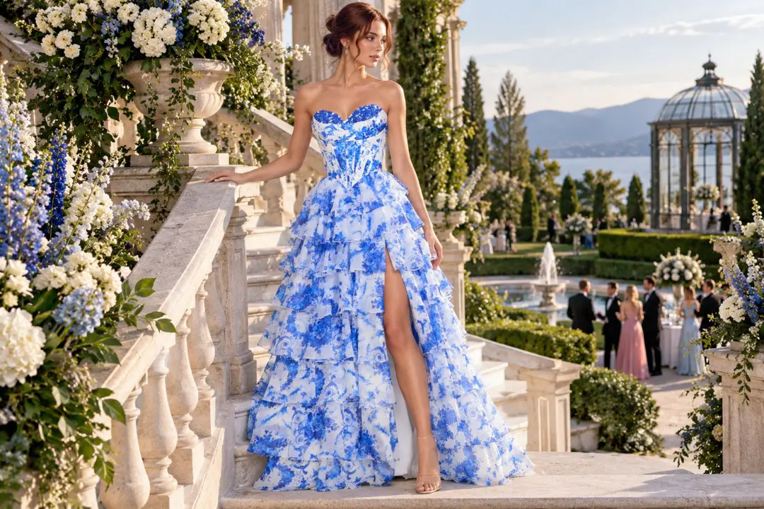 Tall girl blue floral A-line gown