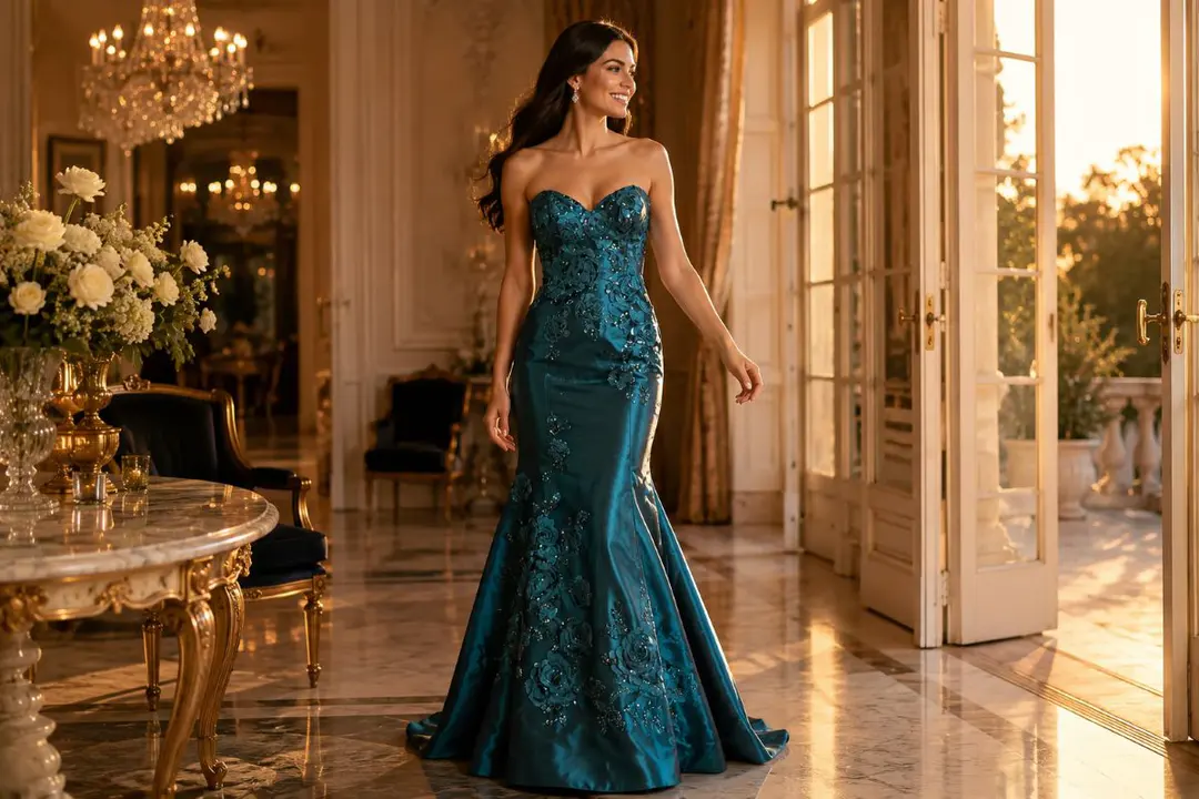 Teal embellished mermaid gown at luxury gala salon