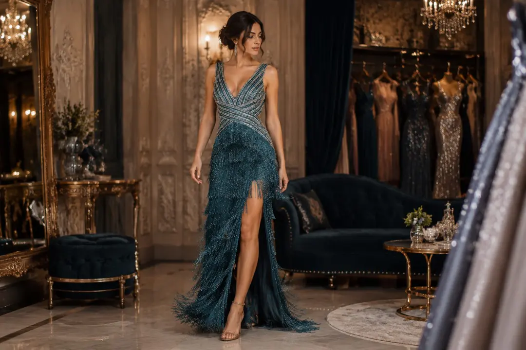 Teal fringe prom dress editorial style