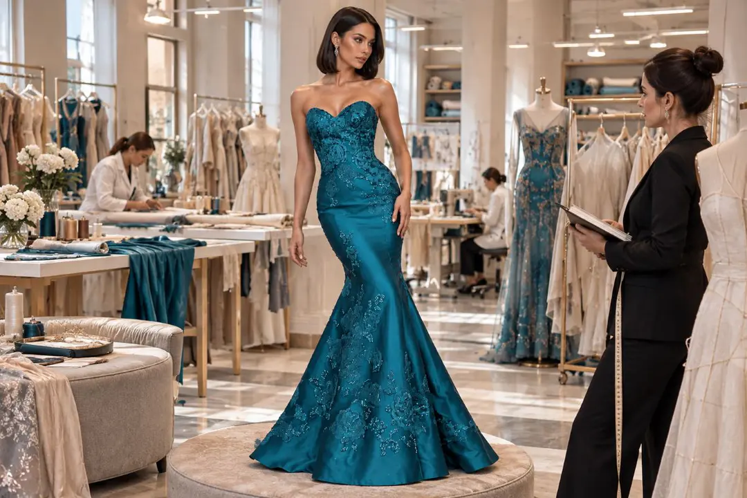 Teal mermaid prom gown luxury fitting atelier