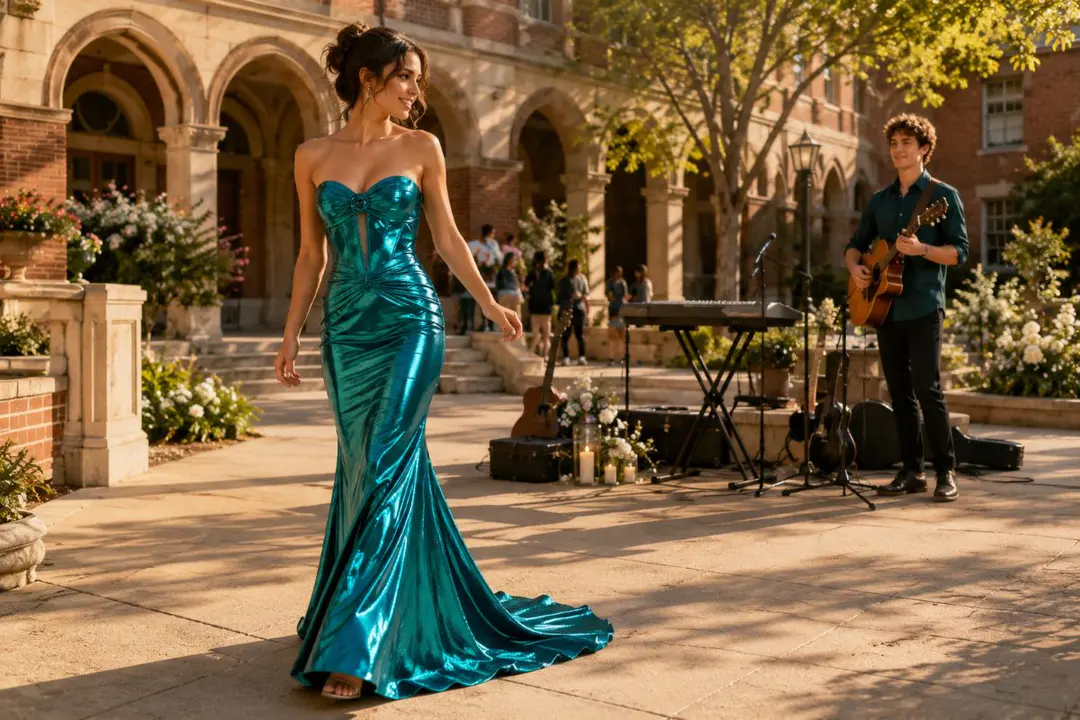 Teal metallic prom gown music promposal