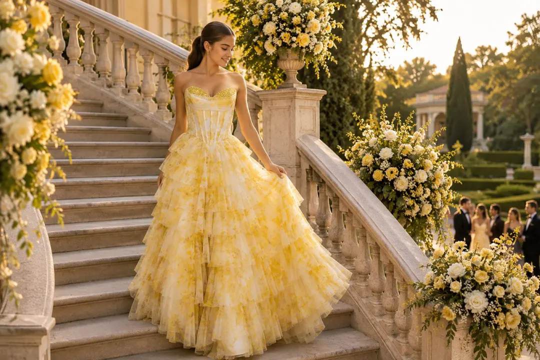 Teen junior bridesmaid in yellow floral ball gown