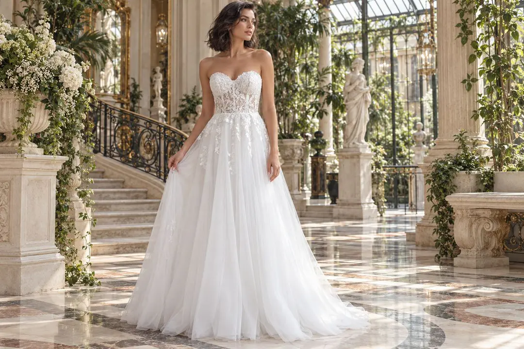 Strapless lace bodice bridal A-line gown