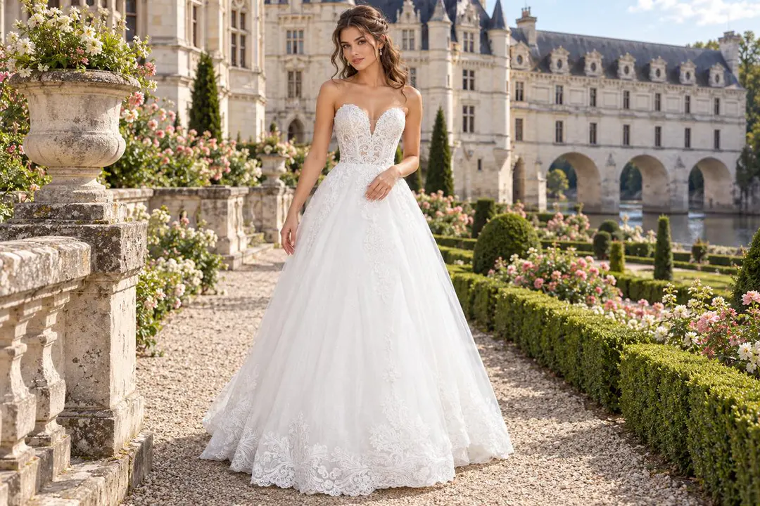 Strapless wedding gown with corset style bodice