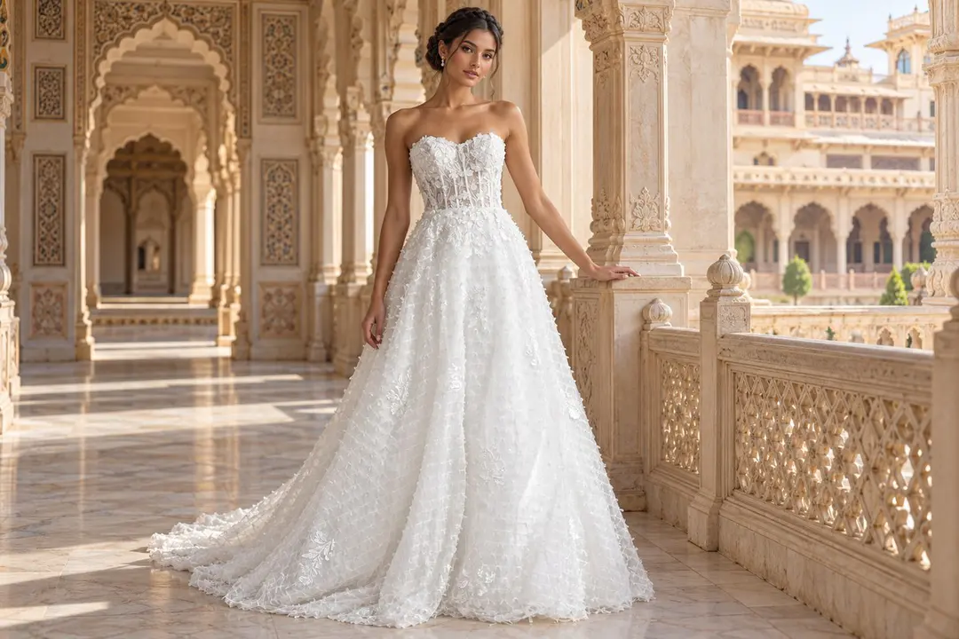 Sheer lace bodice with lined bridal skirt