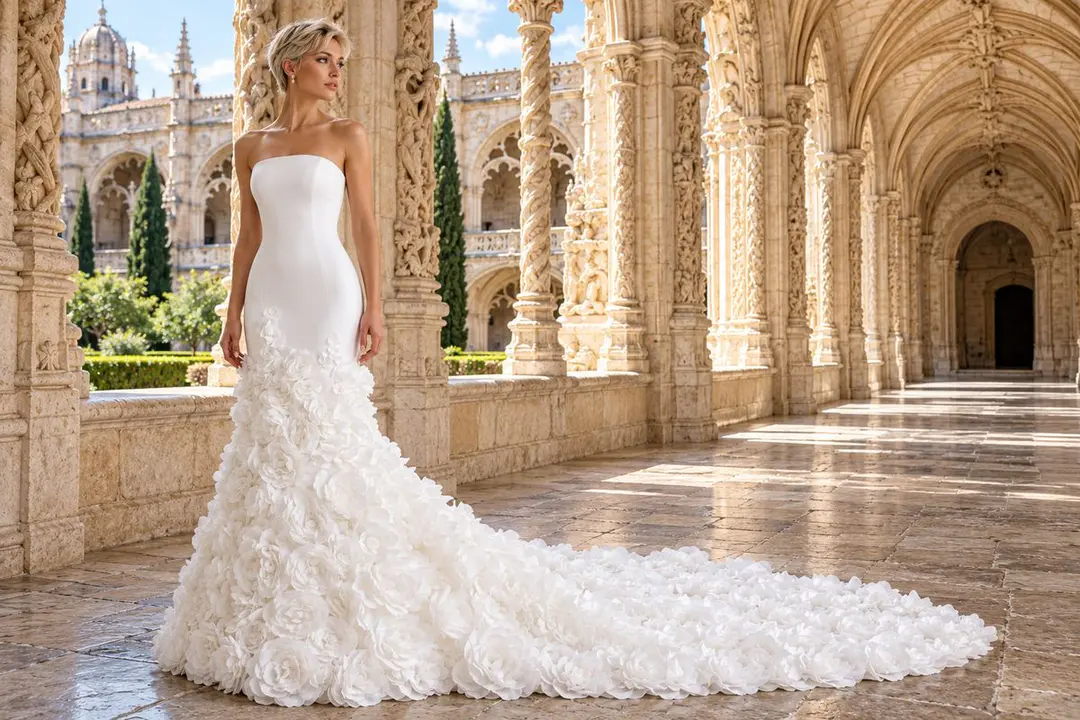 Long floral train on mermaid wedding gown
