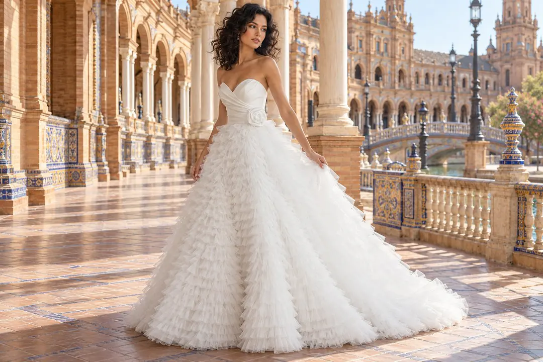Voluminous ruffled bridal skirt editorial gown