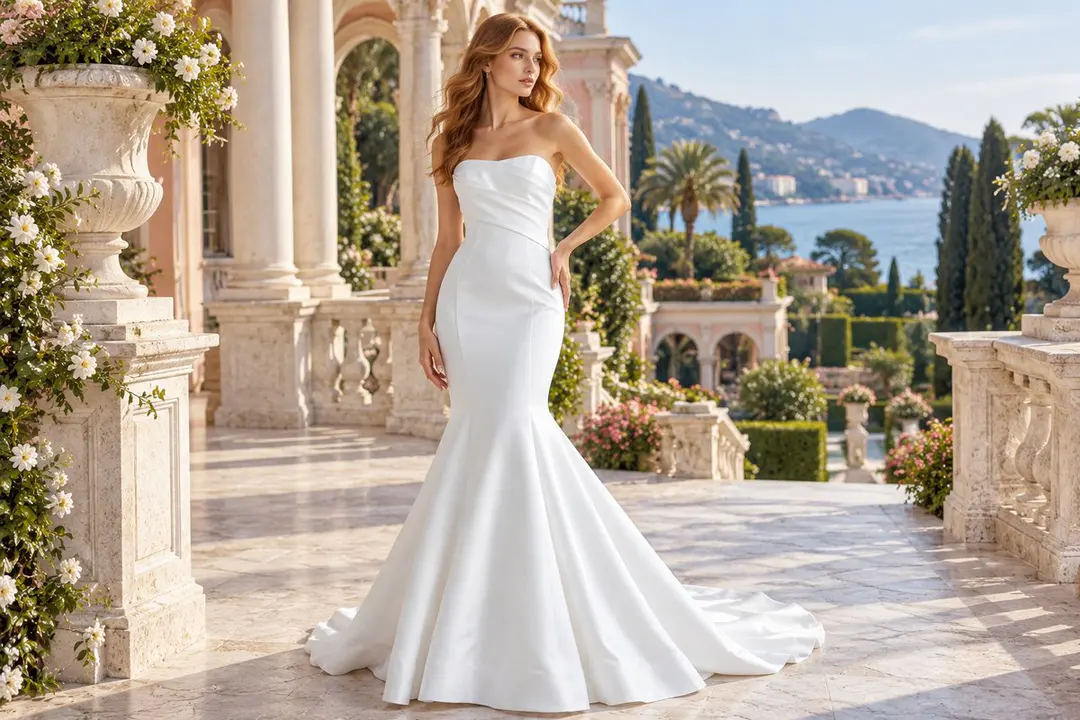 Strapless satin mermaid wedding gown silhouette