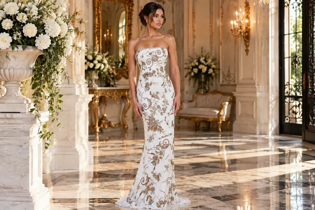 White embellished prom gown jewelry balance