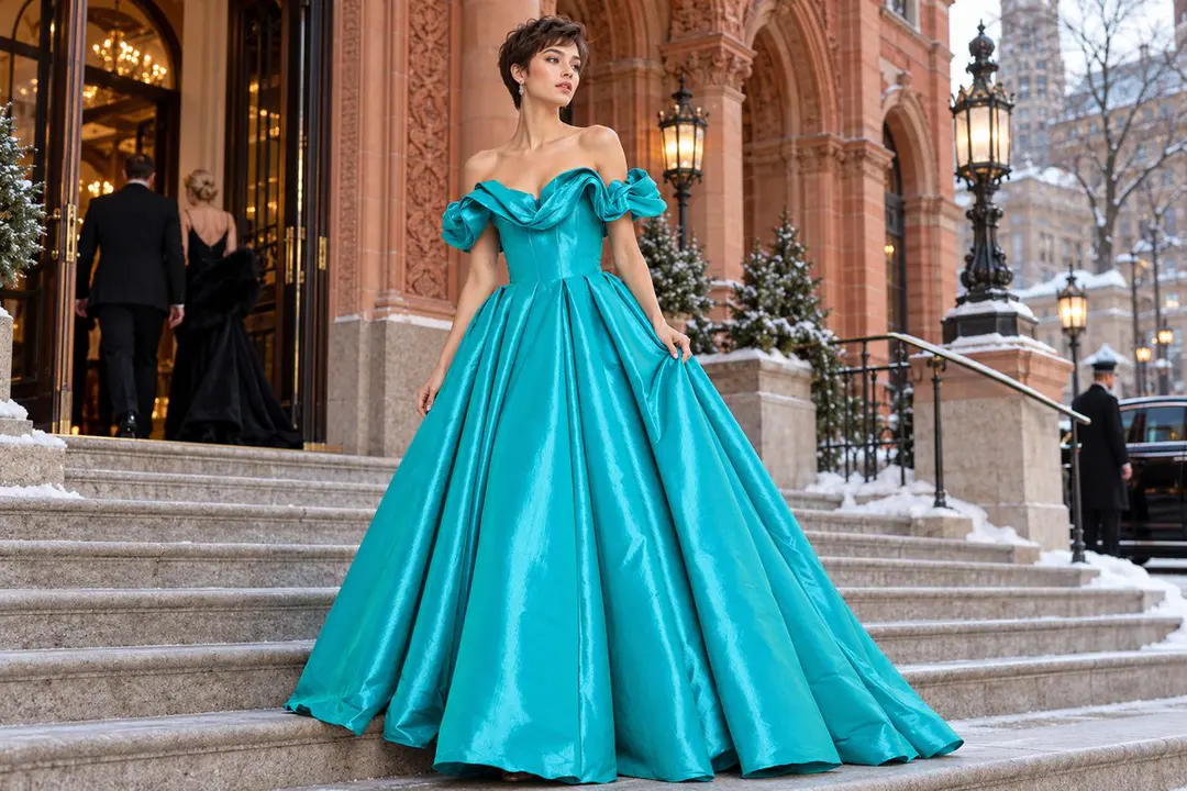 Aqua off shoulder ball gown editorial