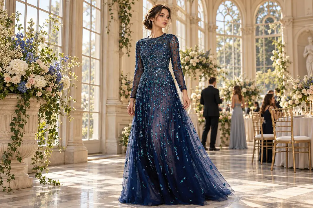 Navy long sleeve embellished evening gown