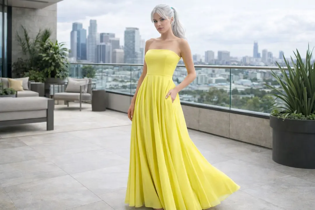 yellow strapless pleated long dress