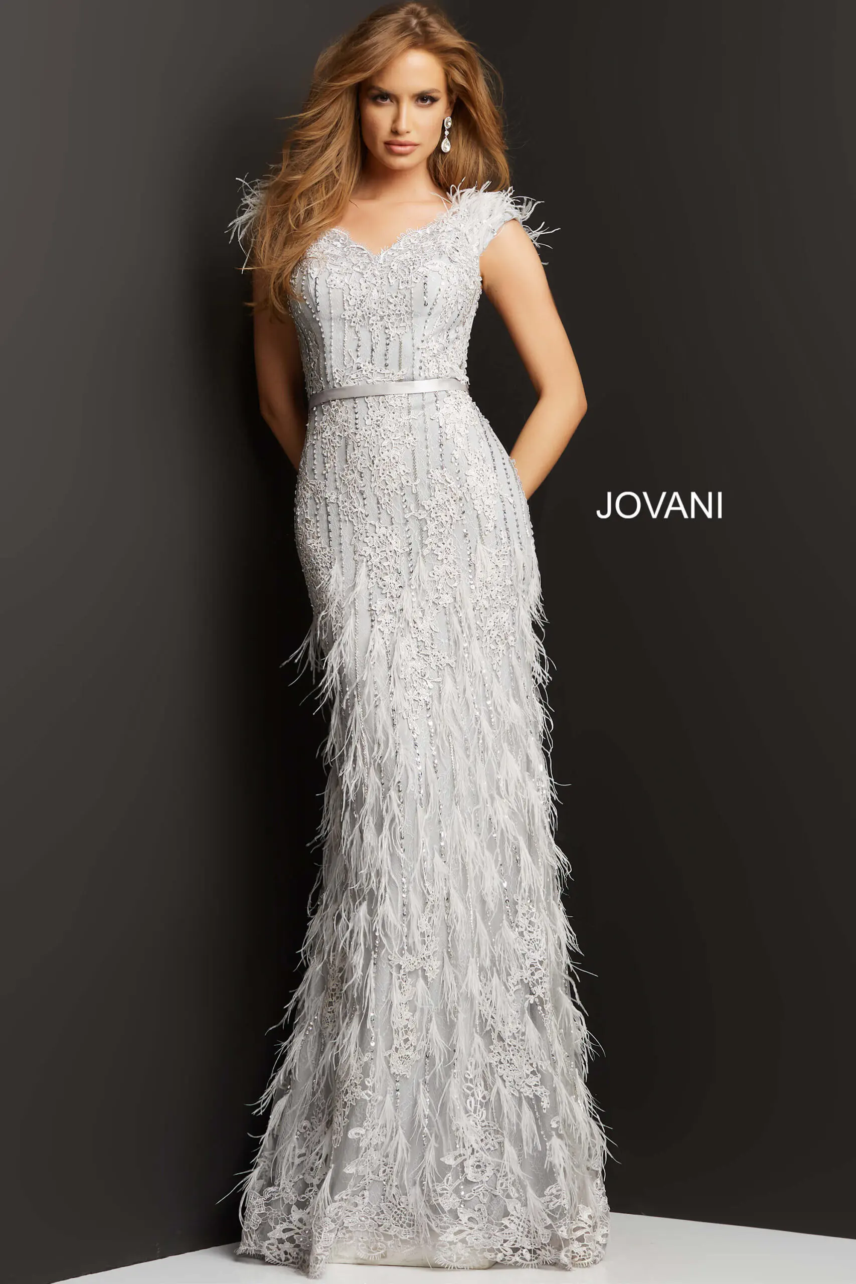Model wearing Jovani 03108 silver gown with V-neckline and feather details.
