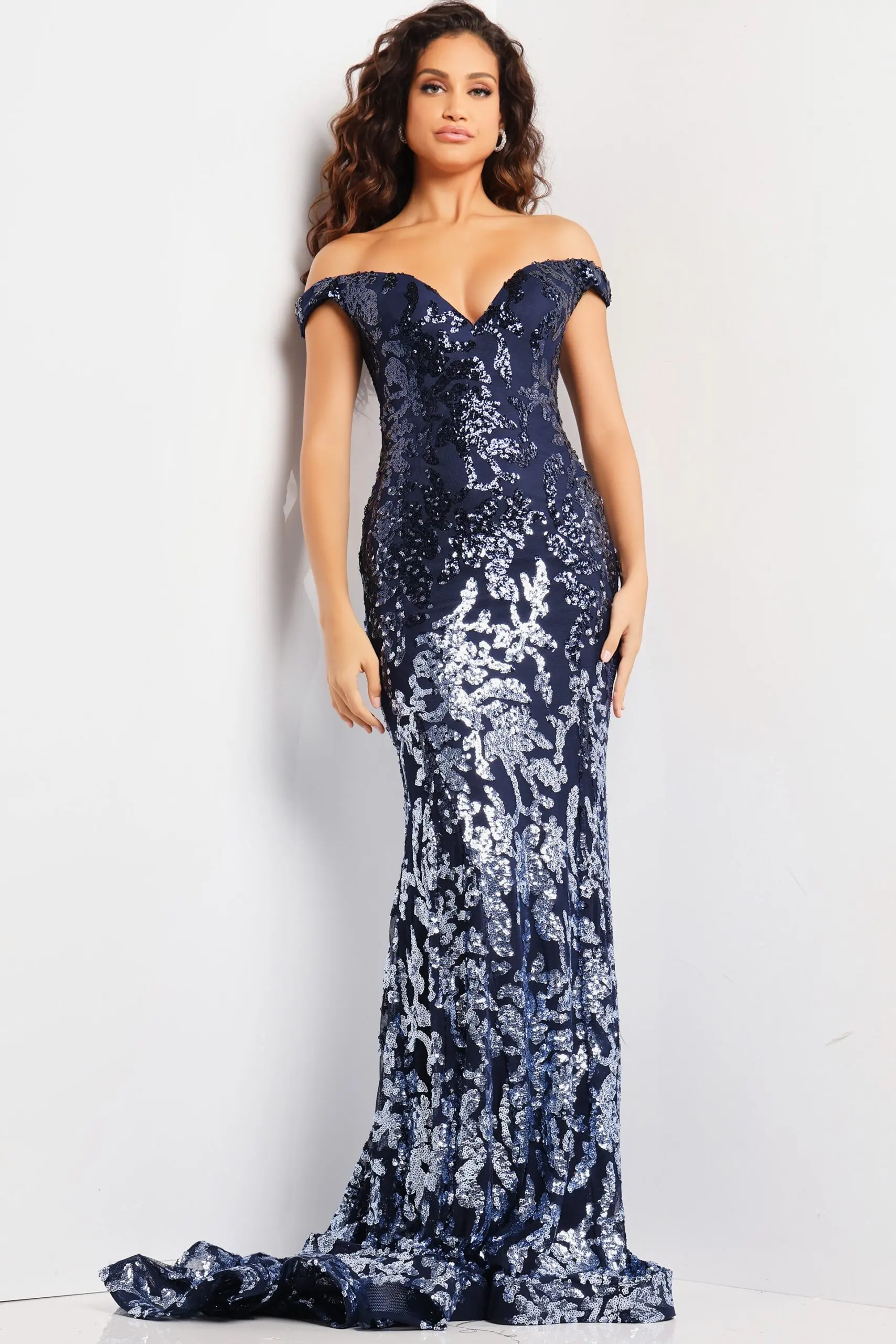 Model wearing Jovani 36370 navy gown front view