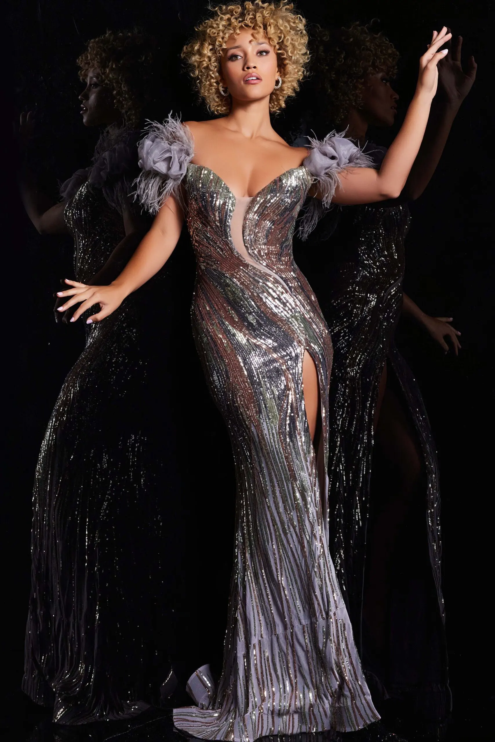 Model wearing Jovani 38679 elegant sequined gown with sweetheart neckline and feathered sleeves, front view.
