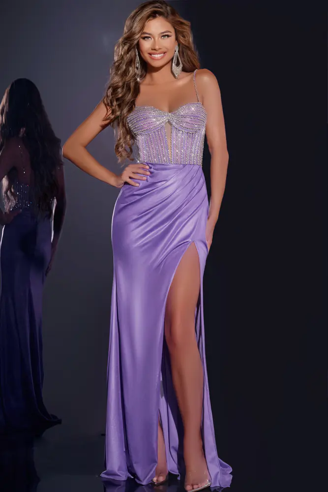 Model wearing Jovani 43197 front view with purple gown featuring a sweetheart neckline