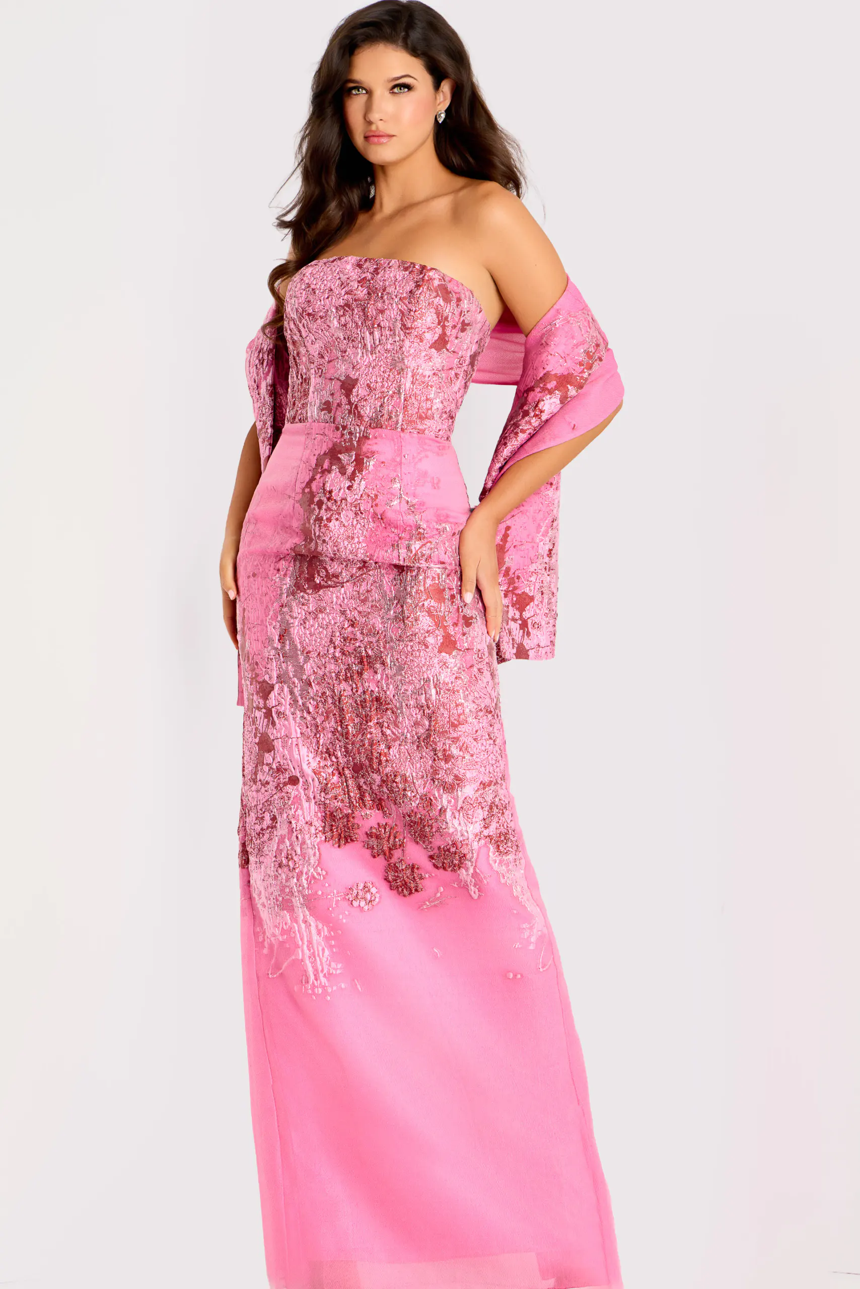 Strapless Metallic Pink Brocade Gown 46258 | Jovani