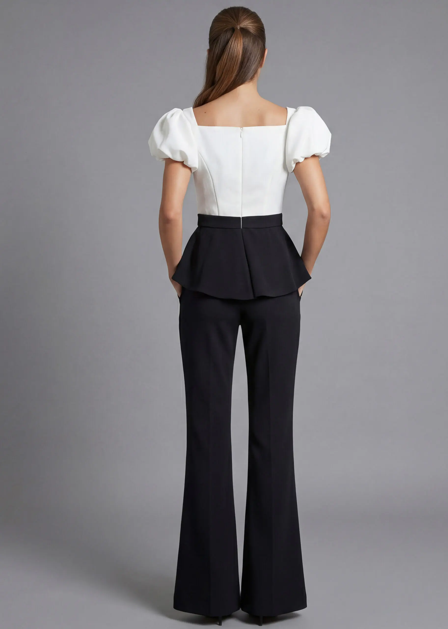 Puff Sleeve Peplum Top with Fitted Flared Pants Set 46613 | Jovani