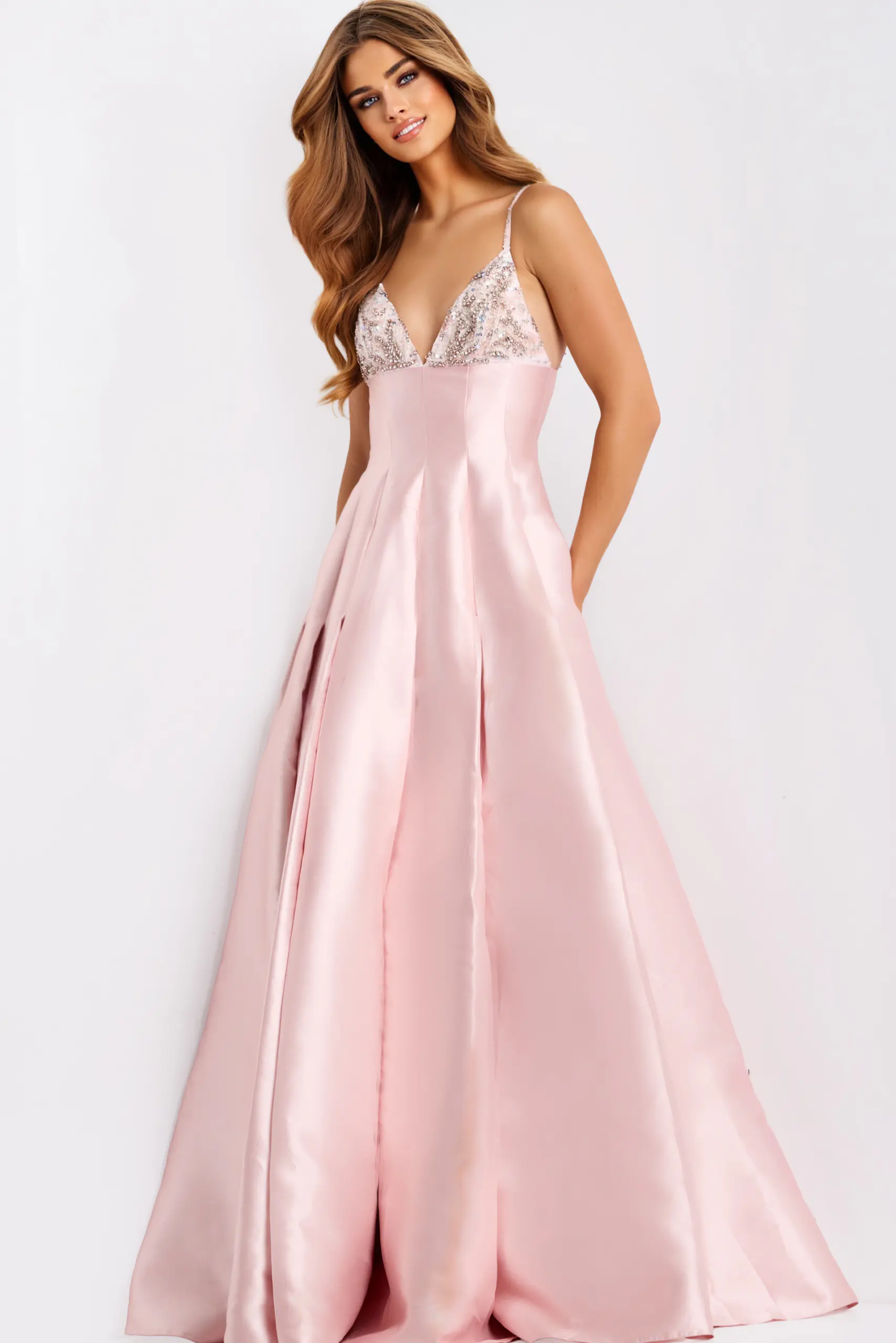 ホワイトローズとパール＆ダマスクリボンのラインパール入キラキラ豪華リース♪♪☆* A Line Dress With Beaded Bodice 48732 | Jovani