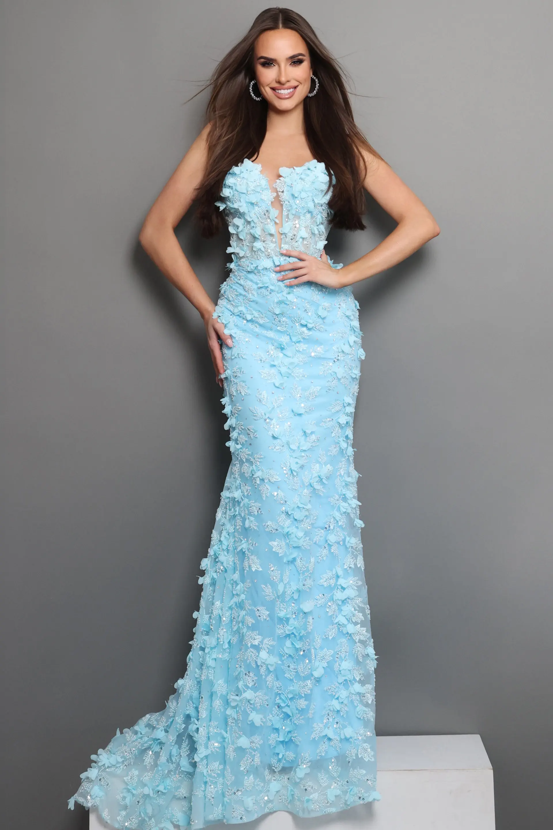 sky blue trumpet long dress with strapless deep v 3d floral sequin