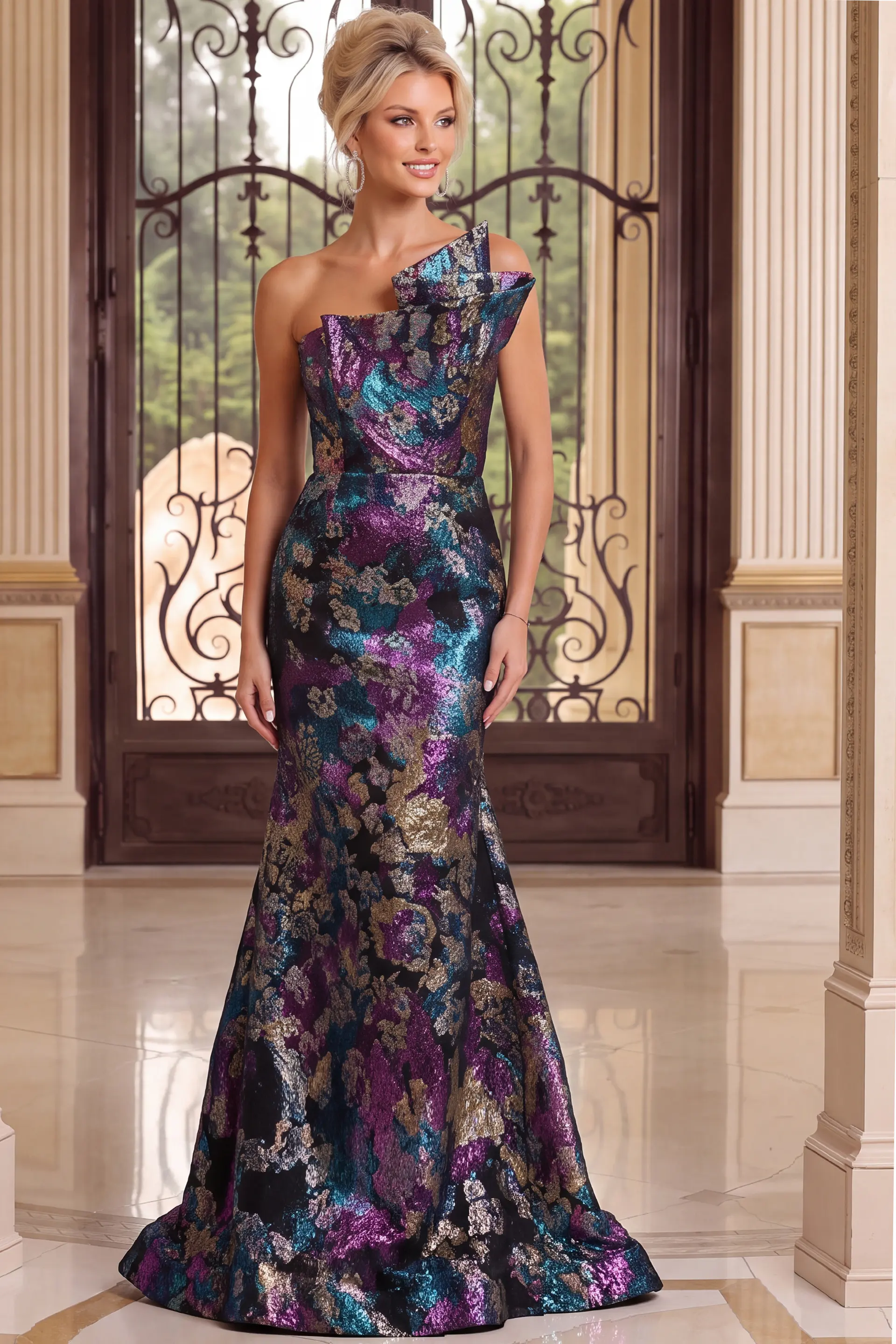sequin floral mermaid gown with blue, purple, and gold colors