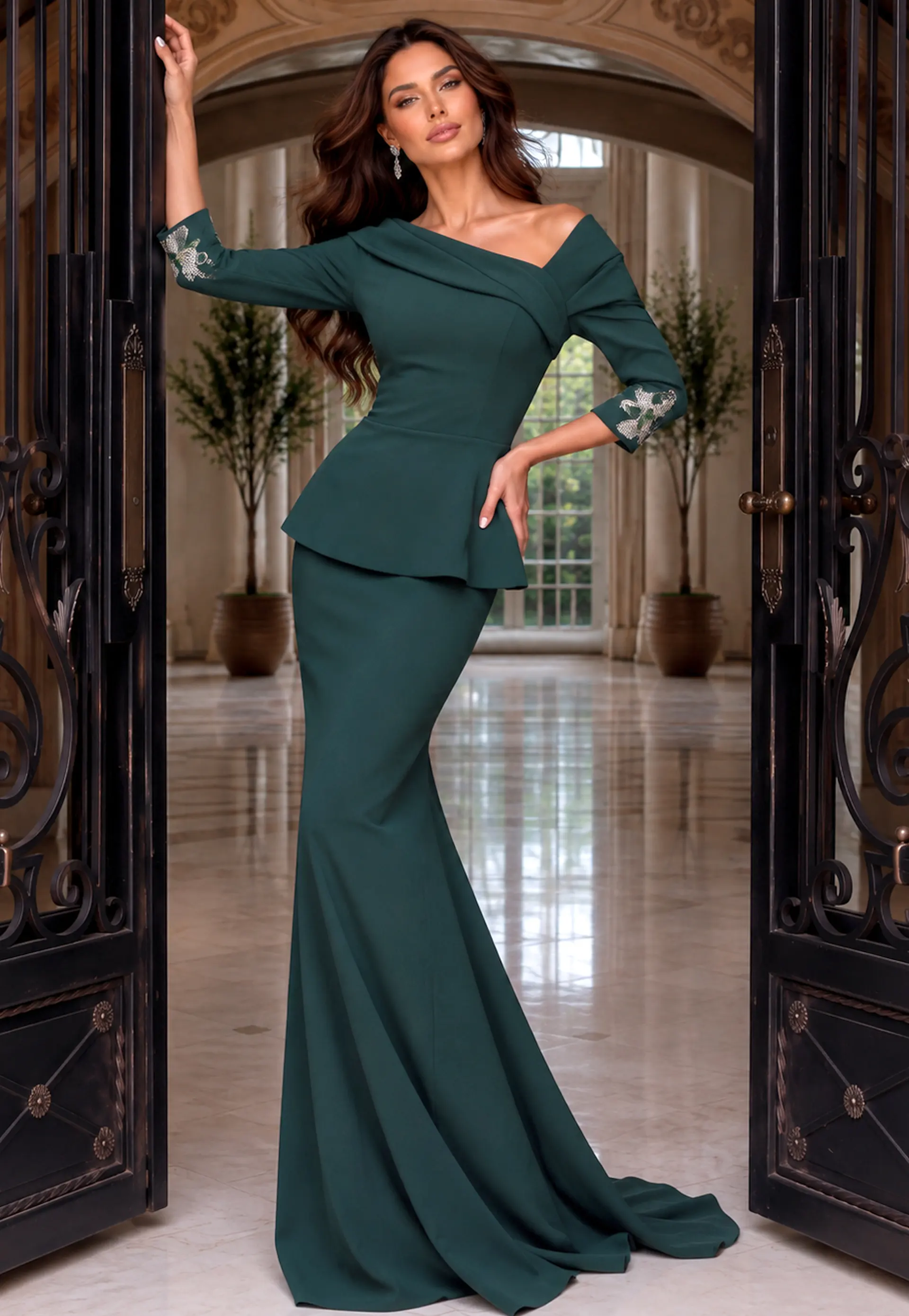 Peplum Mermaid Gown with Beaded Cuffs 55619 | Jovani