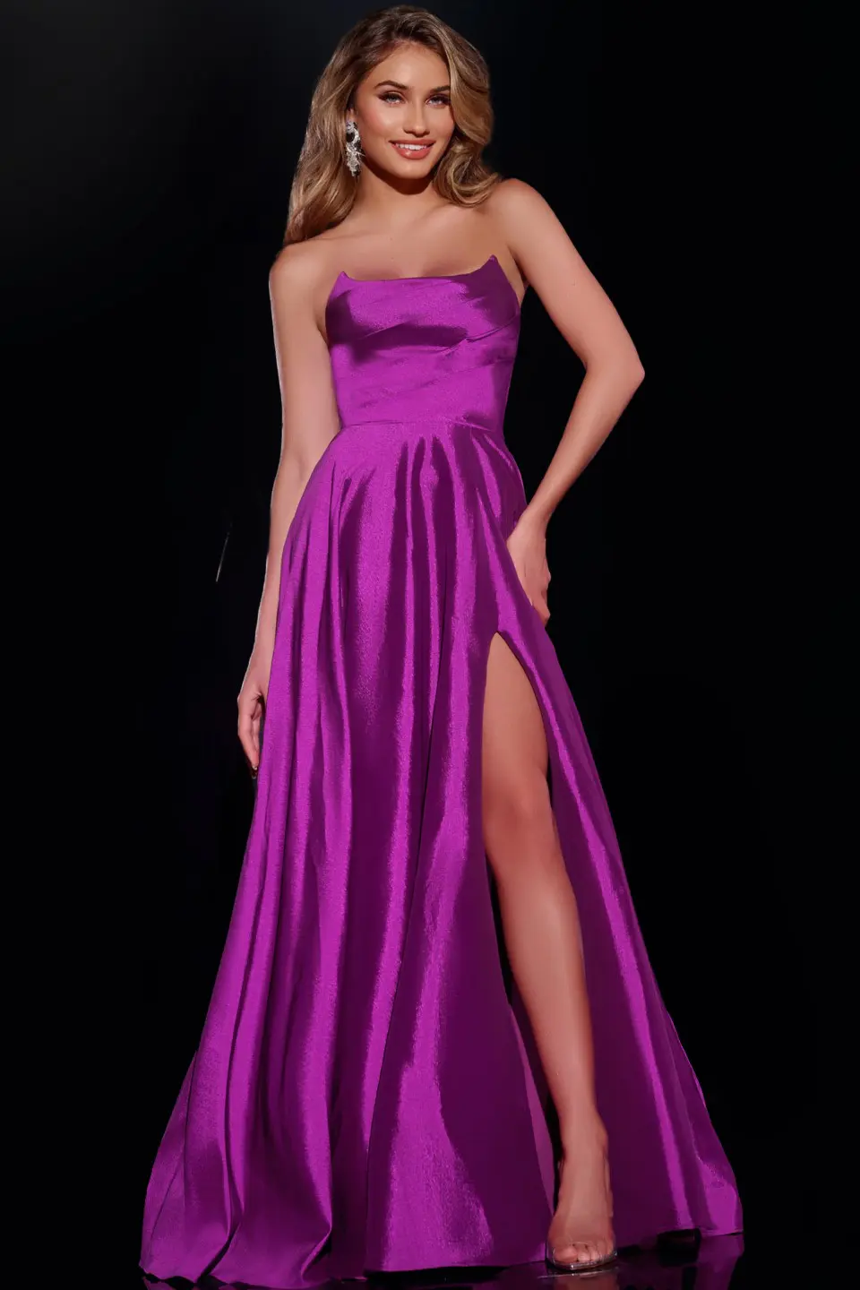 Model wearing Jovani D5822 purple dress with a high slit and strapless neckline.