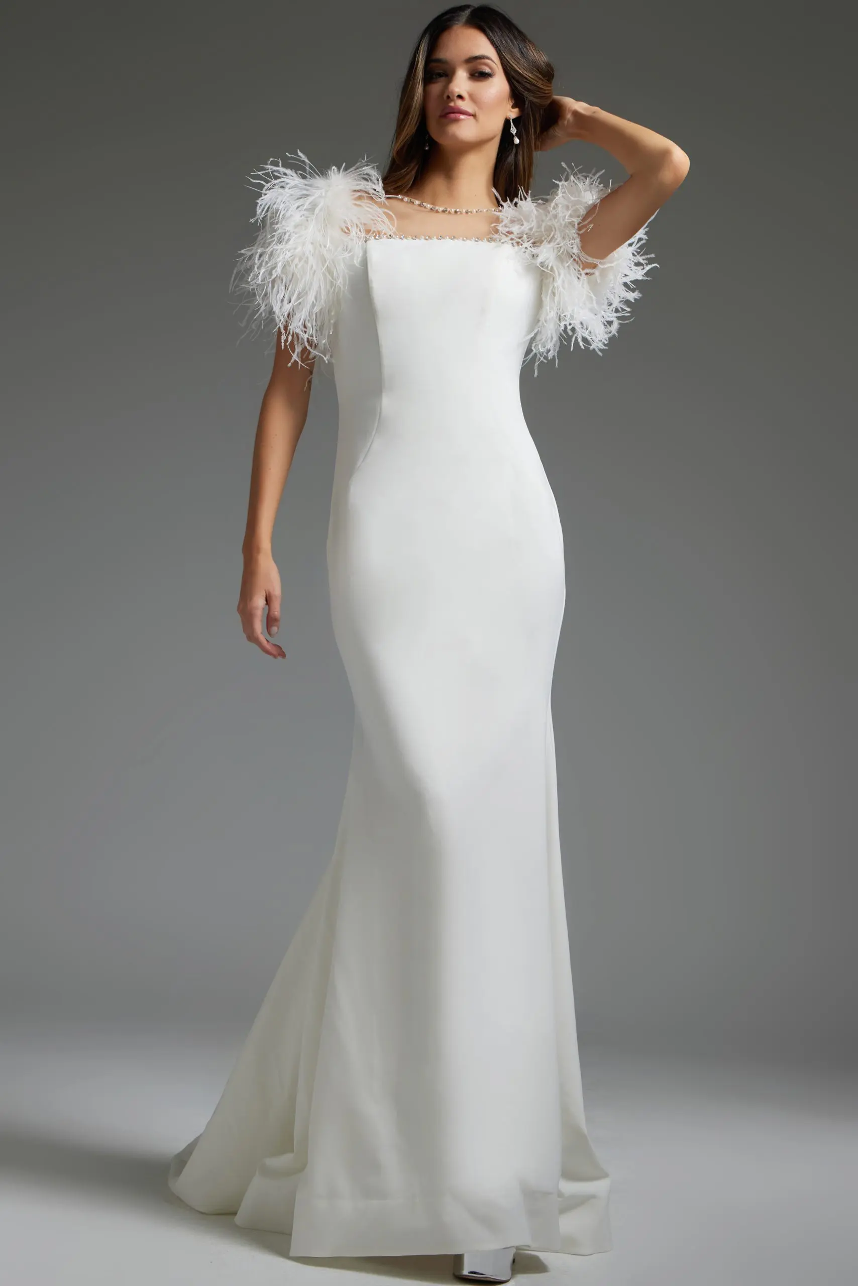 model wearing Jovani JB07433 elegant white gown with feathered sleeves front view