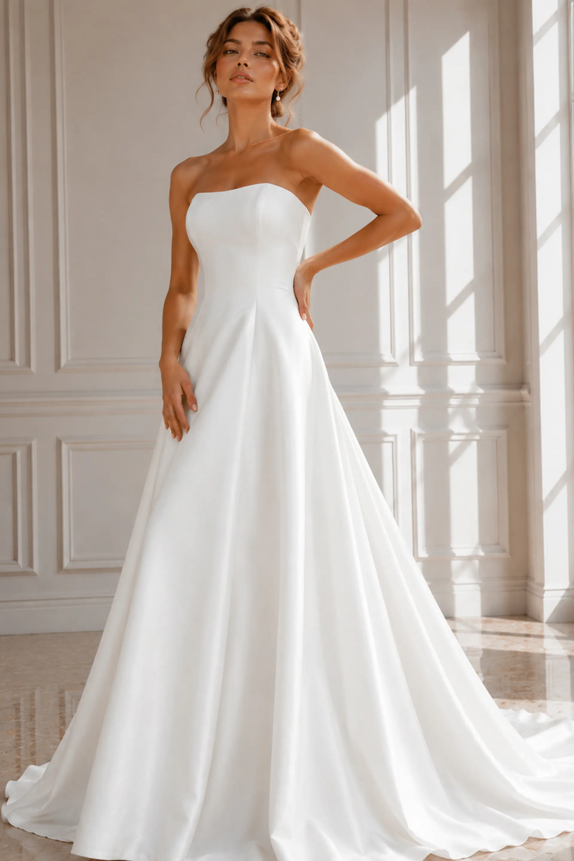 Sophisticated Bridal Gown with Sleek Satin Finish, Covered Buttons, and Sweep Train
