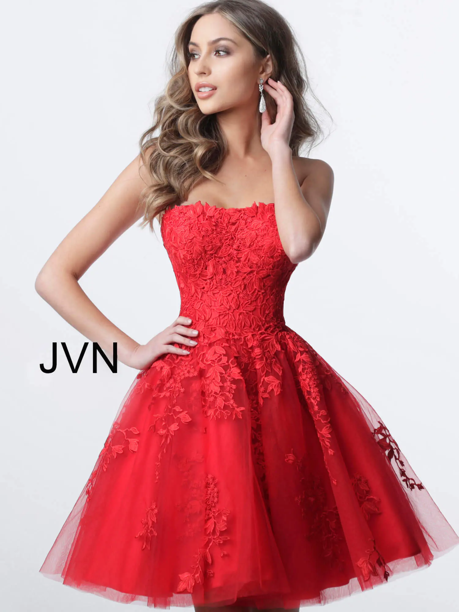 model wearing Jovani 1830 red A-line dress with floral lace at the front