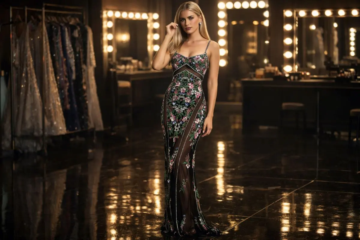 Black sheer embroidered pageant gown with floral details