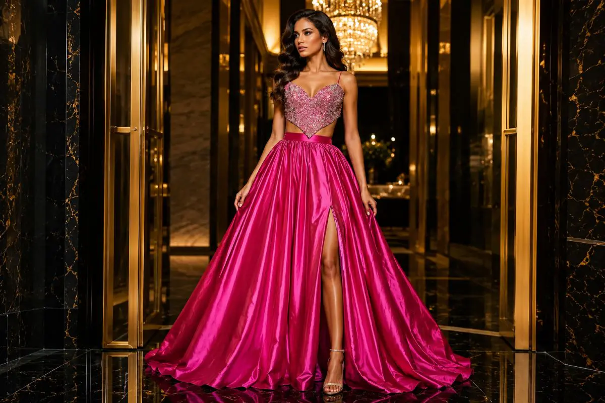 Editorial satin A-line gown with glamorous formal hairstyle