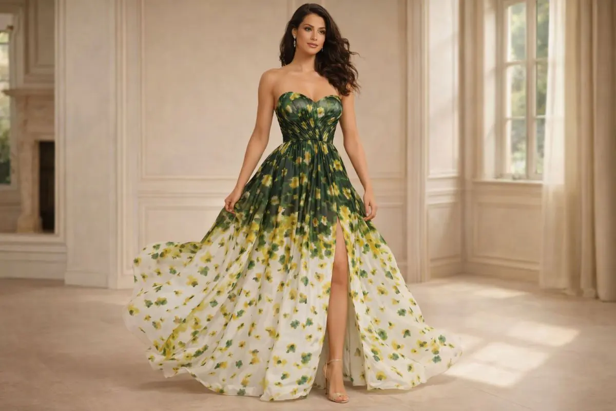Strapless chiffon evening gown with flowing skirt and soft fabric movement