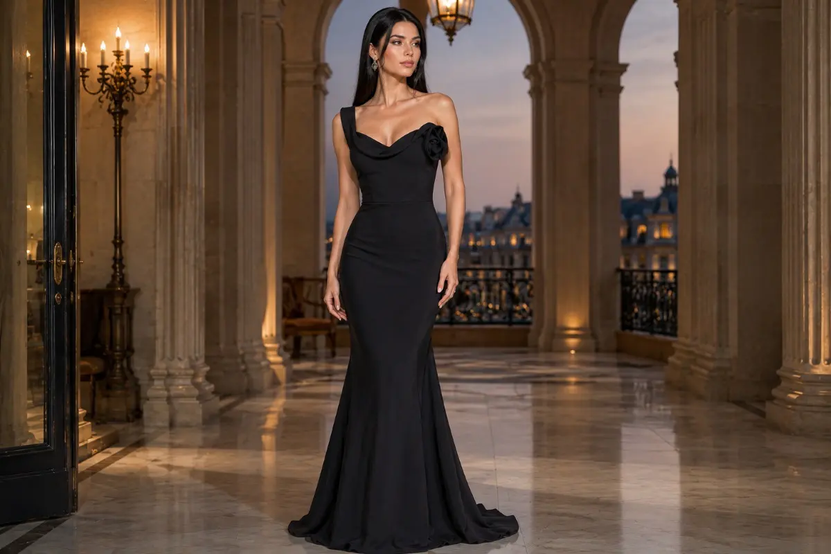 Luxury fitted black evening gown in couture mansion