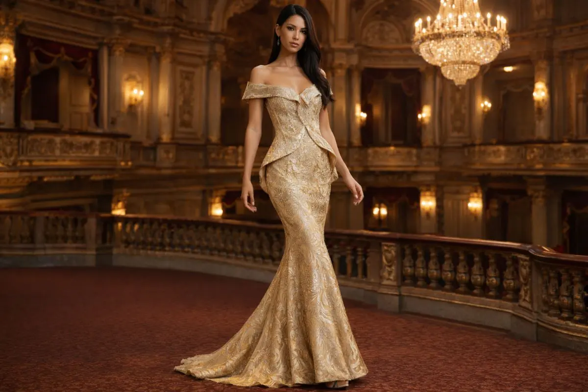 Gold off-shoulder mermaid gala gown