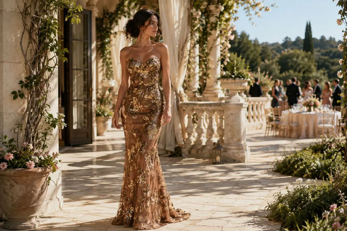 Gold strapless gown summer garden editorial
