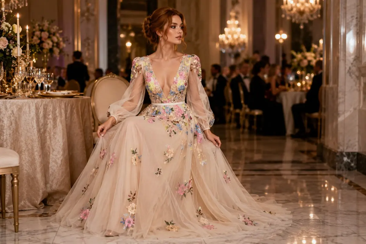 Woman seated gracefully in floral evening gown