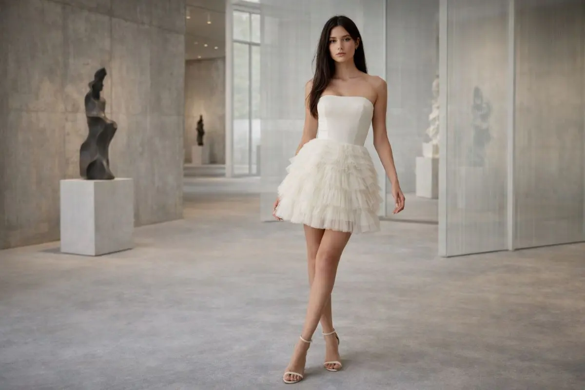 short off-white strapless tulle mini dress bridal look