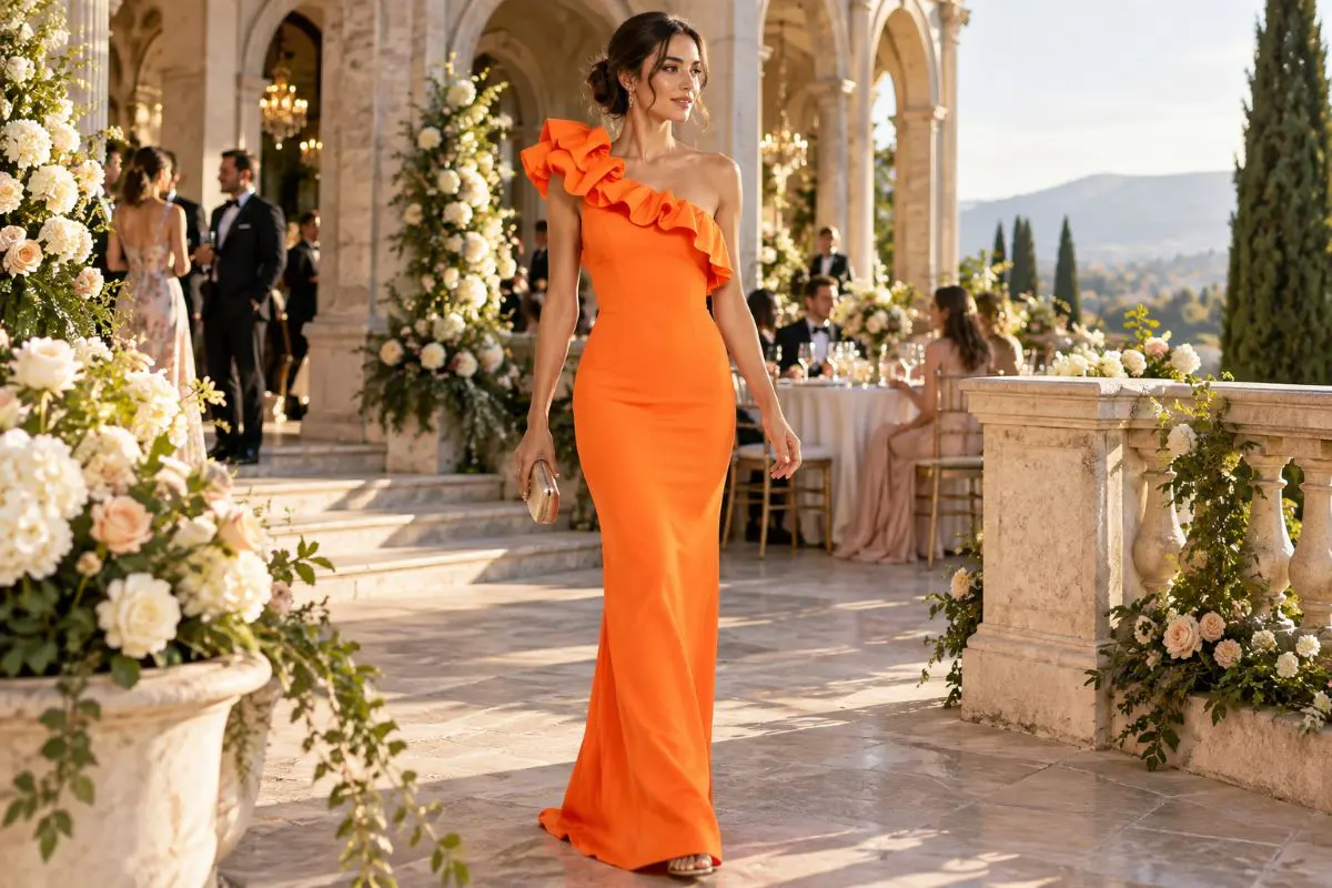 Orange black tie optional wedding guest gown