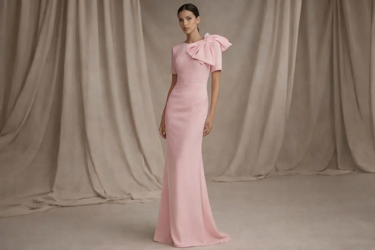 Floor length pink fitted evening gown with shoulder bow
