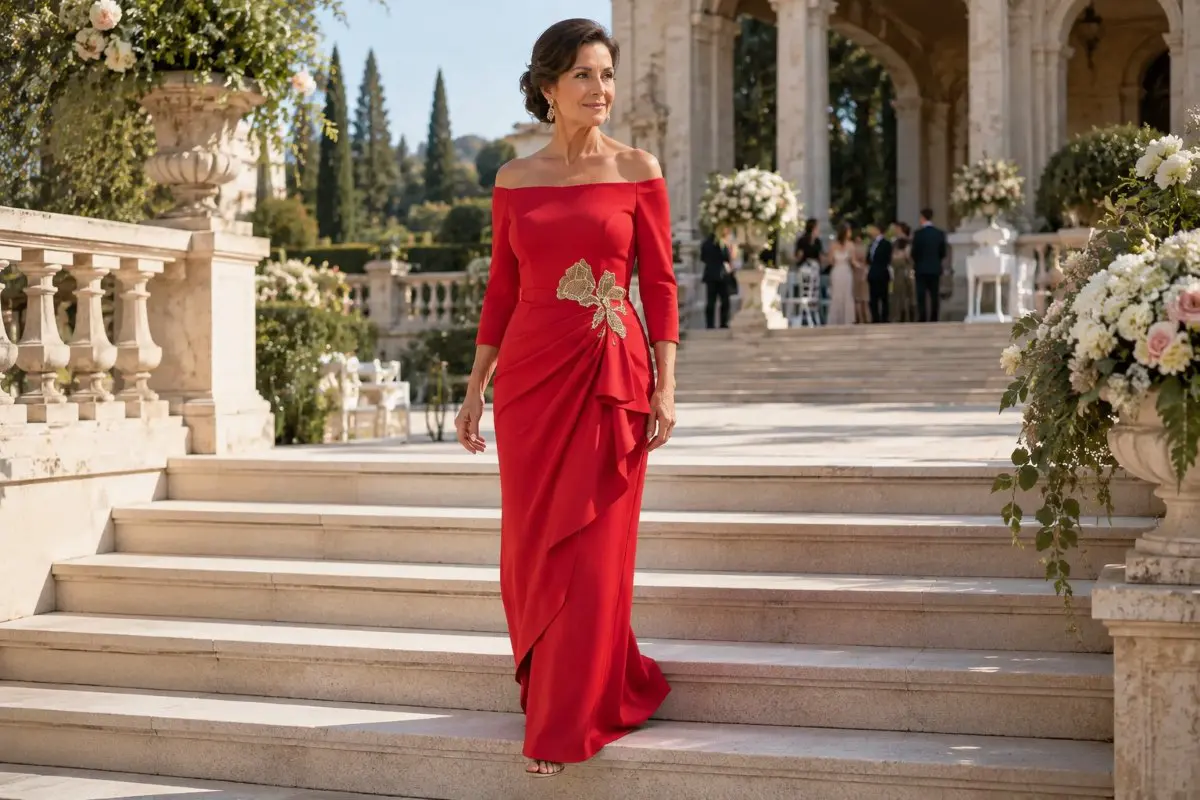 Elegant red crepe mother bride gown