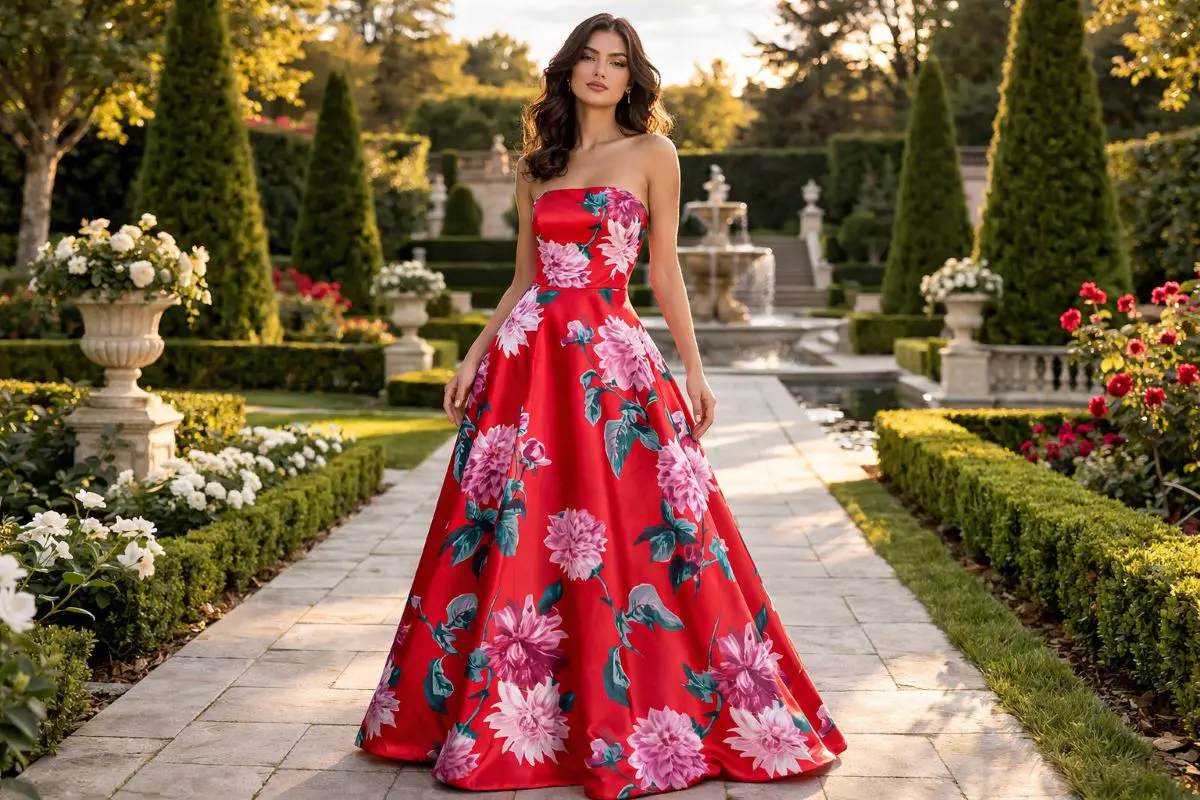 Strapless red floral A line satin gown