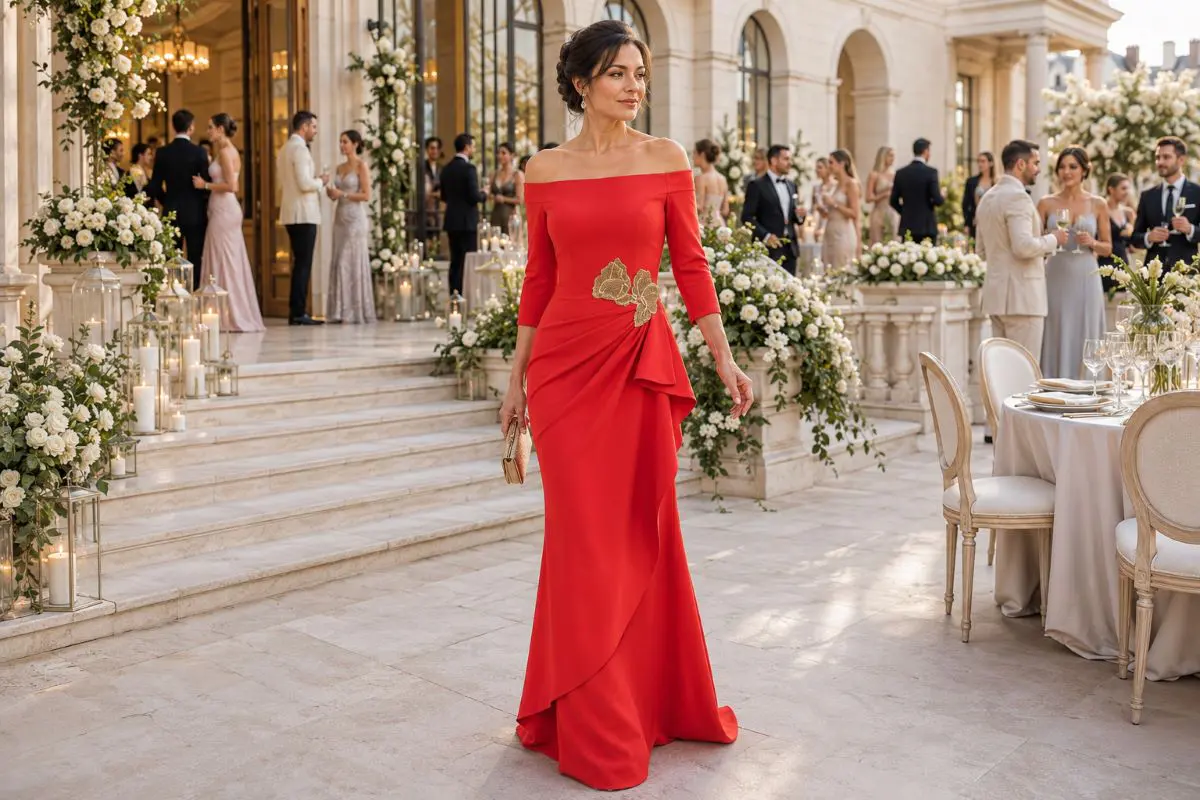 Elegant red wedding guest editorial look