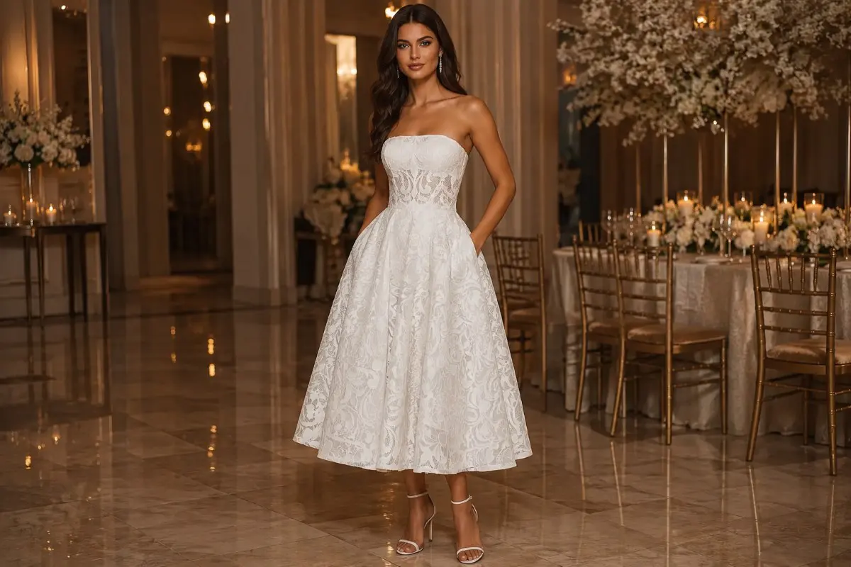 Bride in strapless tea-length dress