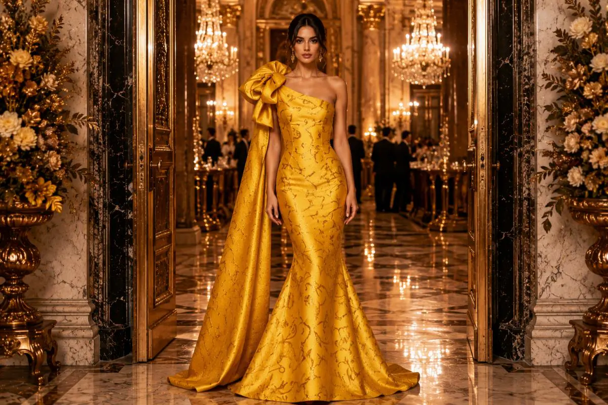 Saffron yellow mermaid evening gown at luxury gala