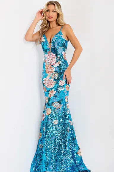 Sequin floral V neck fitted mermaid gown, style 48637