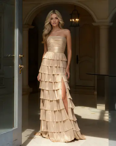 Strapless tiered evening gown with side slit, style 43161