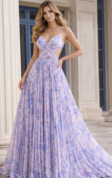 Pleated printed gown with crisscross bodice, style 49161