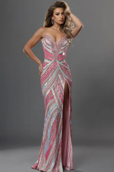 V neckline sequin stripes high slit dress, style 53775